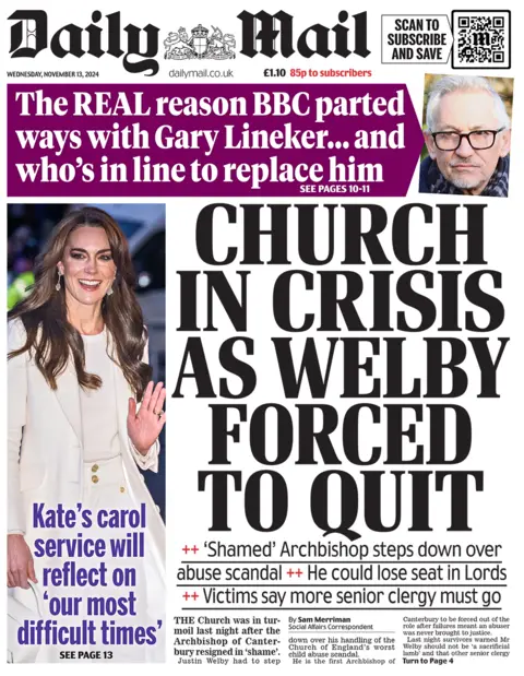 The headline in the Mail reads: "Church in crisis as Welby forced to quit". 