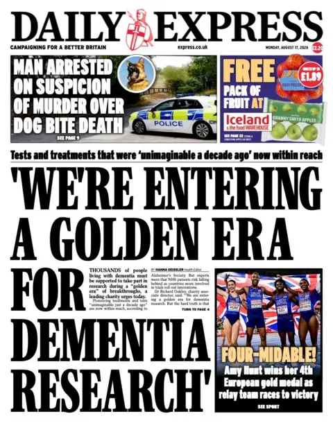 The headline on the front page of the Daily Express reads: "We're entering a golden era for demential research."