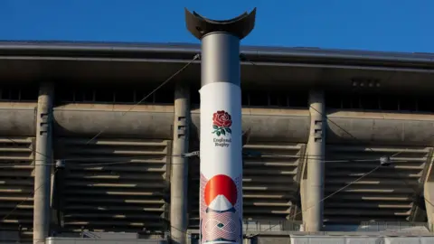 Getty Images England Rugby logo outside Yokohama stadium
