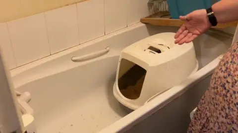 Karen showing her small sized bath tub with a cat litter tray inside