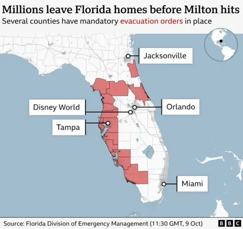 An annotated map titled "Millions leave Florida homes before Milton hits" shows the areas of Florida where mandatory evacuation orders have been put in place, including the city of Tampa.