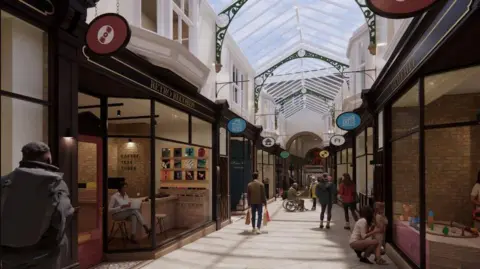 A CGI mock-up of an indoor shopping centre. It has a slanted glass roof with green decorative arches on the interior. The shopfronts show a series of uniform units with large glass windows and signs hanging outside.