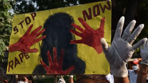 Getty Images Nayay NGO protest to seek justice for Hathras gang rape victims at Jantar Mantar, on October 11, 2020 in New Delhi, India.