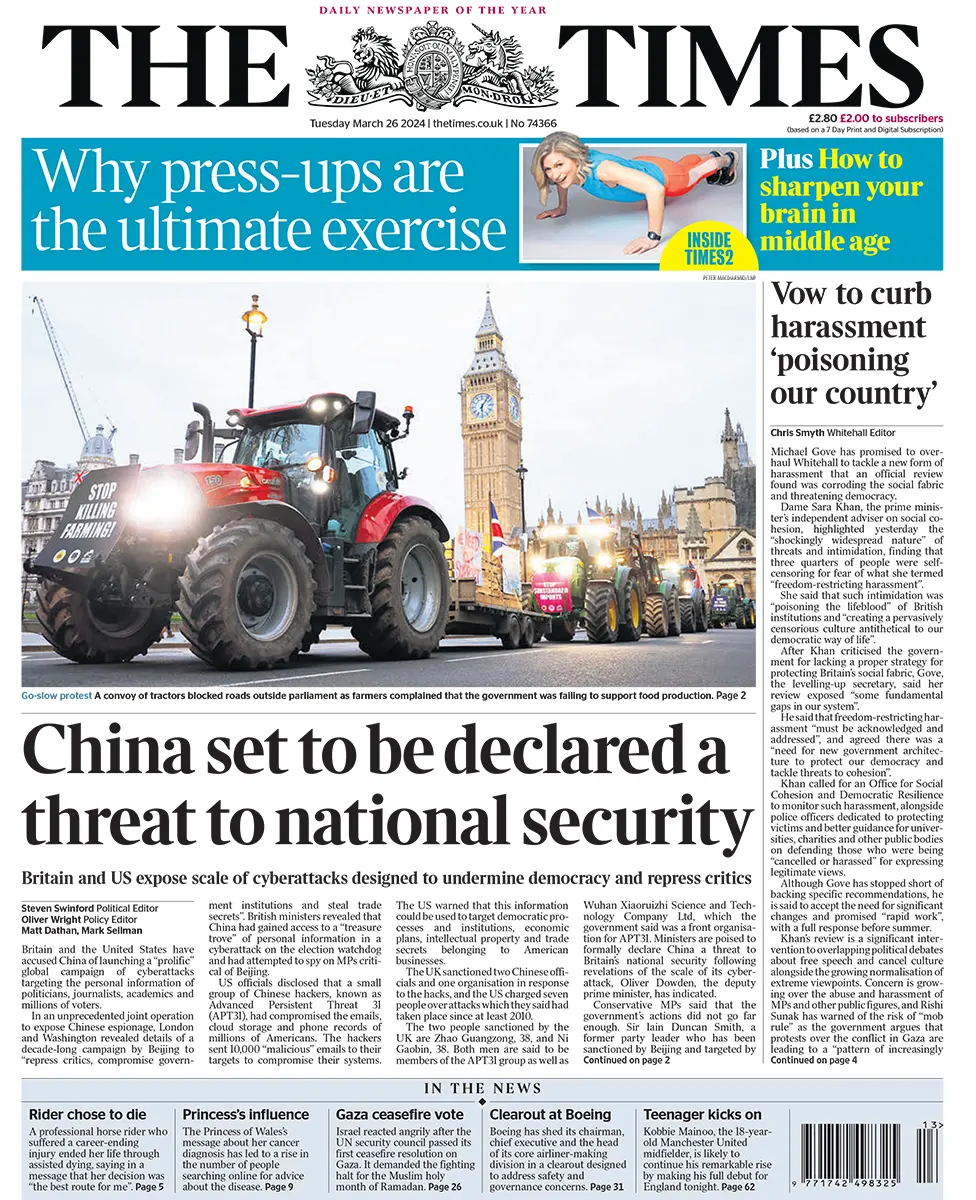 Newspaper headlines: MPs say China is a 'threat' and the 'Kate effect