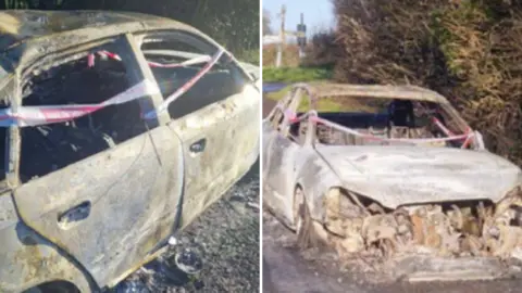 Avon and Somerset Police Two photos of a burned out car which has police tape wrapped around it