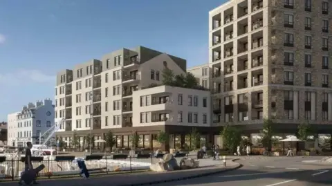 A illustration of the development viewed from North Quay. It is a multi-storey light brick built complex with brown surrounds to the commercial unit windows below.