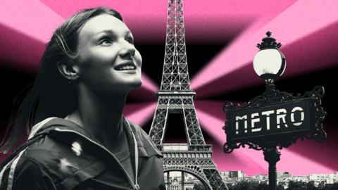 Designed image of a collage with a woman looking up, the Eiffel Tower and a Metro sign 