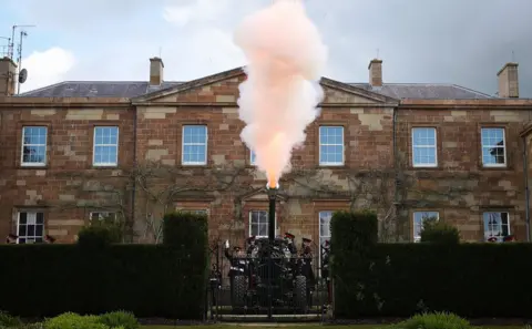 REX / Shutterstock Soldiers from 206 Battery, 105 Royal Artillery take part in a gun salute to the Duke of Edinburgh takes place at Hillsborough Castle in Northern Ireland.