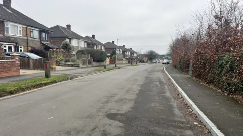 Maddy Jennings/BBC Upper Breckland Road. Semi-detached houses line one side of the road while hedges line the other