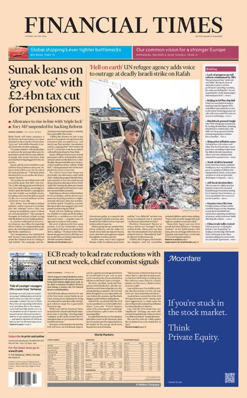 The headline on the front page of the Financial Times read: "Sunak relies on 'grey vote' with £2.4bn tax cut for pensioners". 