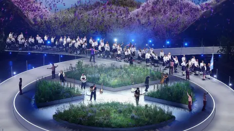 Getty Images A general view as Team Scotland take part in the athletes' parade during the opening ceremony ahead of the Glasgow 2026 Commonwealth Games at The Hydro - they are wearing white tops and tartan kilts, while a band are playing in the centre of the stage as the athletes walk around them.