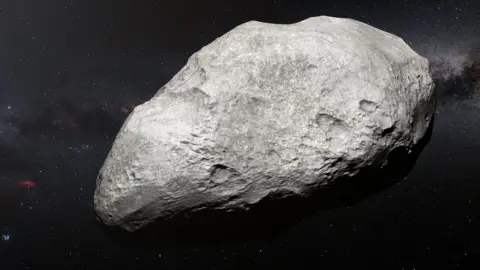 ESO/M. Kornmesser Artist's impression of a bright, pitted asteroid in front of a starry sky