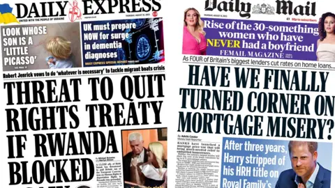 The headline on the front page of the Daily Express reads: "Threat to quit rights treaty if Rwanda blocked again" and the headline on the front page of the Daily Mail reads: "Have we finally turned corner on mortgage misery"