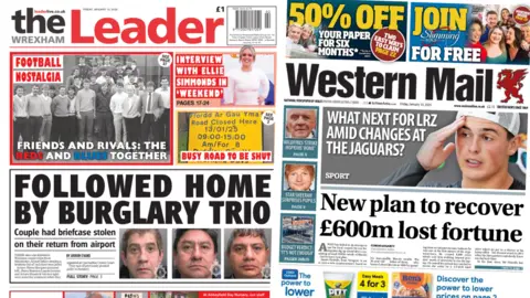 Front pages of the Wrexham Leader and Western Mail