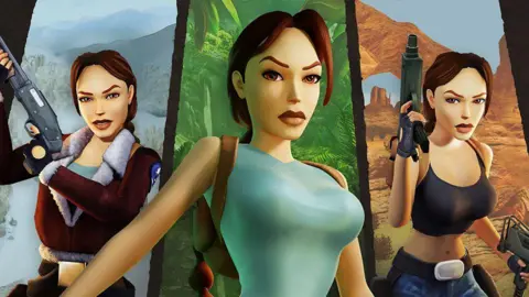 Aspyr Interactive A triptych shows old-school Lara Croft in three different outfits and locations. On the left she wears a fur collared coat on a wintry mountain. The centre screenshot is her in a jungle wearing her classic green vest. The third shot depicts her in a desert wearing a black strappy vest top.