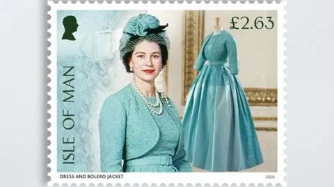 IOMPO/ROYAL COLLECTION A stamp featuring the dress and Bolero Jacket, with an image of the Queen wearing them.