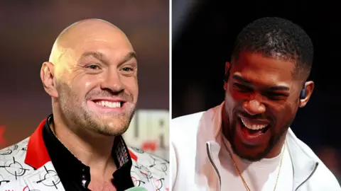 Split image of Tyson Fury smiling and Anthony Joshua smiling