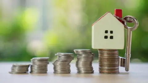 Stock image showing a house with key sitting on top of coins