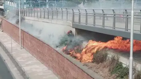 Orange and red flames burn an area of grass and shrubs next to a road. The fire can be seen lapping against a grey coloured bridge.