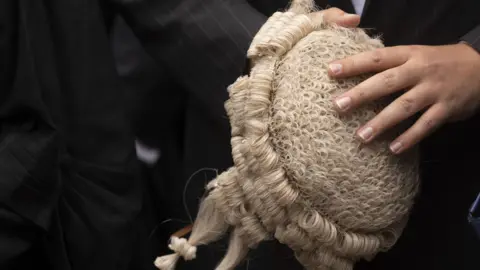 A lawyer holds a barrister's wig.