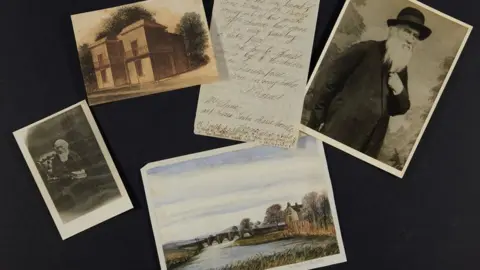 Photos of Barnes, landscapes, and a letter.