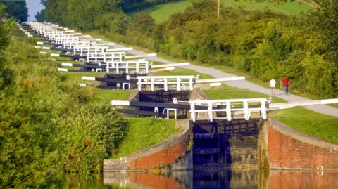 A path by a river which is descending through several locks which need to be opened to release water