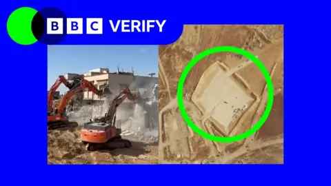 An image showing diggers working in Gaza and a map highlighting potential new aid centres. The BBC Verify colours surround the image and the BBC Verify lozenge is in the top corner. 