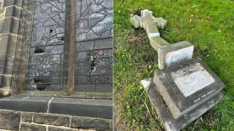 St John's the Evangelist Church Left: A close up of a stained glass window dating back to 1838 covered in fine mesh which has been smashed. Right: an image of a gravestone shaped in a cross in a churchyard which has been smashed and fallen from the base on the grass.