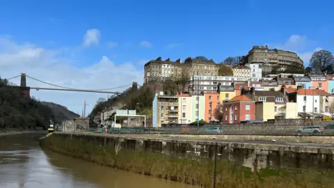 The view of the  Bristol Suspension Bridge that includes the rainbow canopy