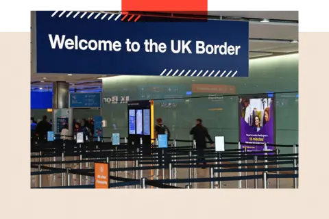 Getty Images UK Border Force signs are pictured at the passport control in Arrivals at Heathrow Airport