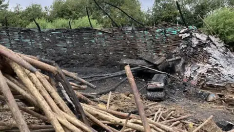 Tom Jackson/BBC Burn remains of the thatched house with piles of sticks on the ground. There are trees in the background.