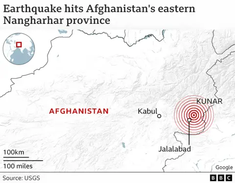 A map showing the location of the earthquake center