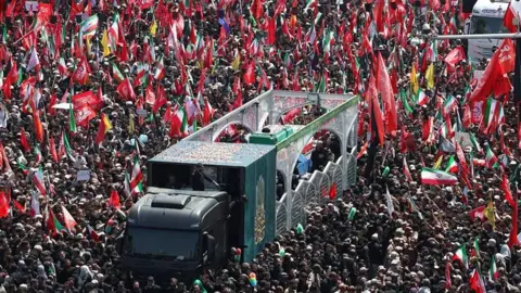 Iranians take part in the funeral ceremony of the late Iranian Supreme Leader Ayatollah Ali Khamenei in Tehran, Iran