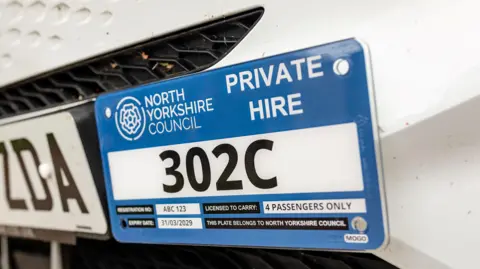 The image is a close-up photograph of the front of a white vehicle, with a blue private hire license plate mounted on the bumper area. The plate reads PRIVATE HIRE in large white capital letters at the top right. On the left side, it displays the logo and name NORTH YORKSHIRE COUNCIL. In the middle of the plate, printed in large black characters on a white background, is the identifier: 302C. 