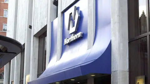 Pacemaker Press A grey building with a blue sign with the word 'Northern' on it. It was the headquarters of the then Northern Bank in Belfast.