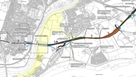 Monmouthshire County Council A map showing a possible route for an A48 Chepstow bypass.