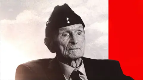 An elderly man wearing an RAF hat and a dark suit looks off to the side of the camera