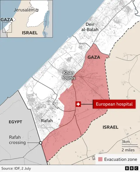 Map of southern Gaza showing the IDF-declared evacuation zone east of Khan Younis and the European hospital
