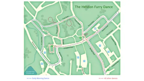 Helston Flora Day Association A diagram titled The Helston Furry dance with two keys - Early Morning Dance with blue arrows and All Other Dances with red arrows. The dances are mapped thought the town's streets.