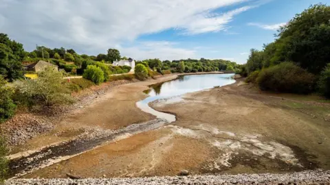 Jersey Water The image depicts a partially dried river or lake, with much of the riverbed exposed due to low water levels. On the left side, there are houses nestled among trees, with vegetation showing signs of dryness—some green foliage mixed with brown patches. The sky is partly cloudy with areas of blue visible, and the remaining water reflects the sky as it narrows into the distance.