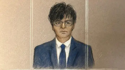 Julia Quenzler Court sketch of Zhenhao Zou, a man with black hair wearing a blue suit, white shirt and blue tie, sitting in the dock behind glass panels