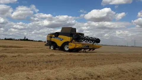 A combine harvester in a dry field on Sherwood Farms