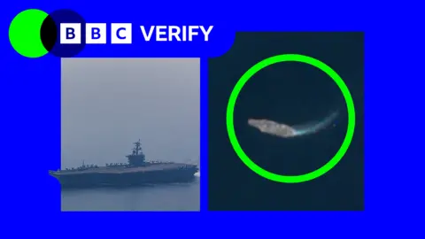 A satellite image of the USS Abraham Lincoln with a green circle around it on the right, and an image of the warship up close on the left.
