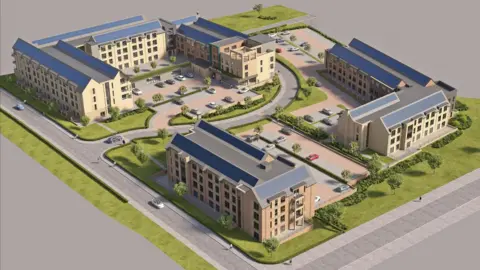 An artist's impression of three blocks of flats, configured in a square with space for green spaces and cars in the middle. The red and white buildings are four-storeys tall and have blue and grey roofs. The development is surrounded by roads and green spaces.