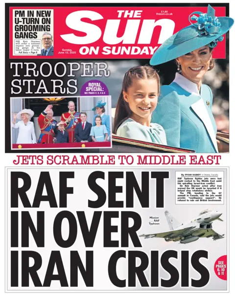 The front page of the Sun on Sunday. Princess Catherine and Princess Charlotte in teal dresses features, with a smaller image of the Royal Family on the balcony of Buckingham Palace. Below it, an image of an RAF typhoon jet flying.