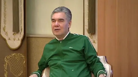 Turkmen TV Turkmen President Gurbanguly Berdimuhamedov, in Lacoste tracksuit, lecturing officials