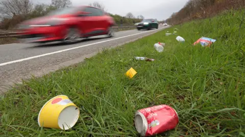 Rubbish littering grass verge next to road.