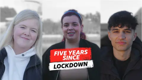 Three young people with the text, 'Five years since Lockdown'