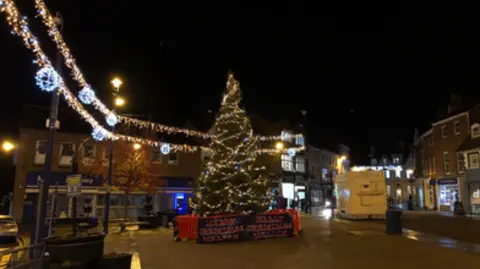 A Christmas tree and lights in the centre of Melton Mowbray