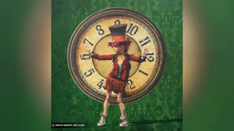 Keith Drury Art A painting of a girl wearing the outfit of a circus ringmaster with a red and black jacket and top hat. She is standing in front of a large clock that is on its side. 